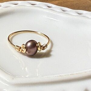Genuine Purple Pearl Gold Wire wrapped Womens Ring Handmade